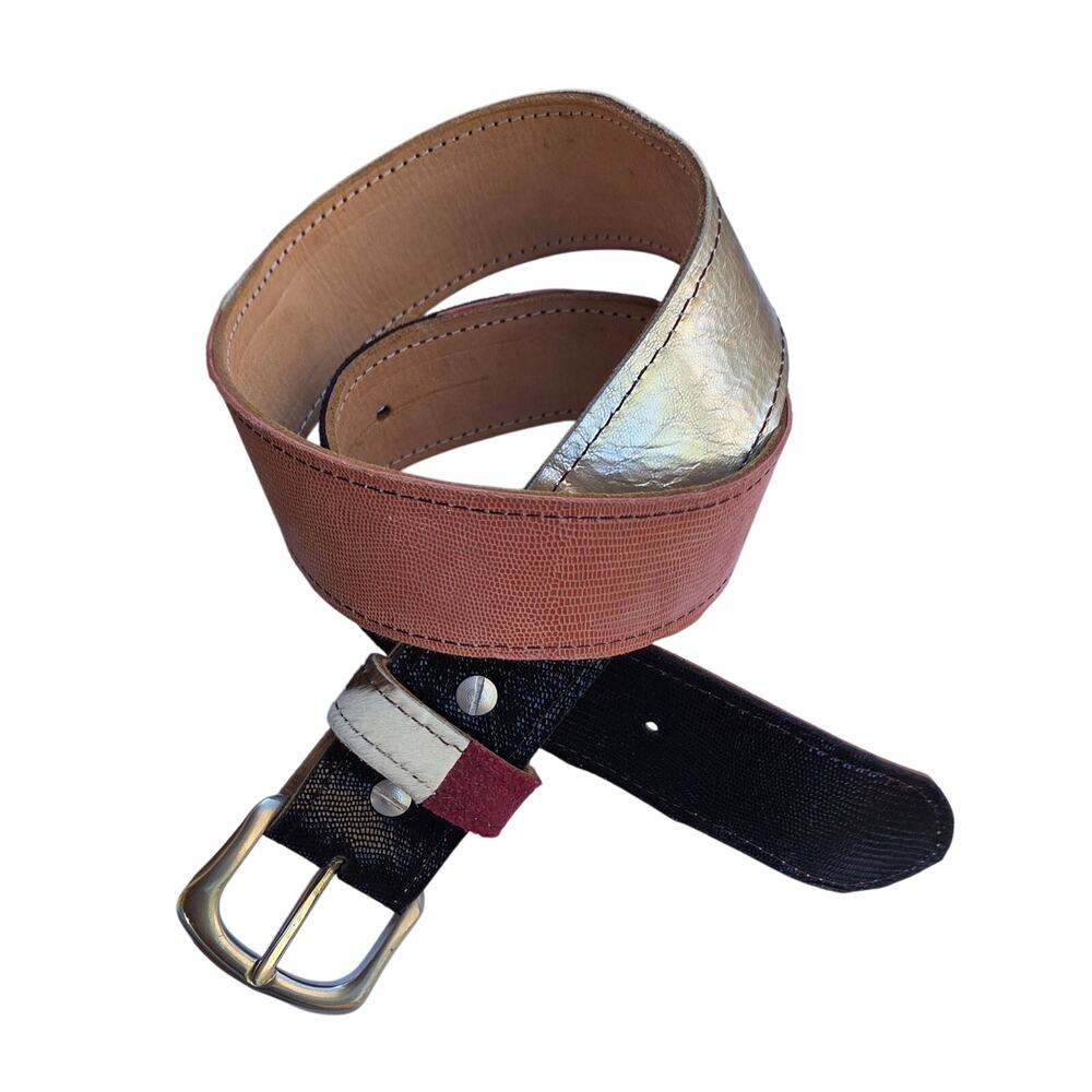 Vintage Y2K Patchwork Leather Belt – Metallic Pink Pony Hair –S/M